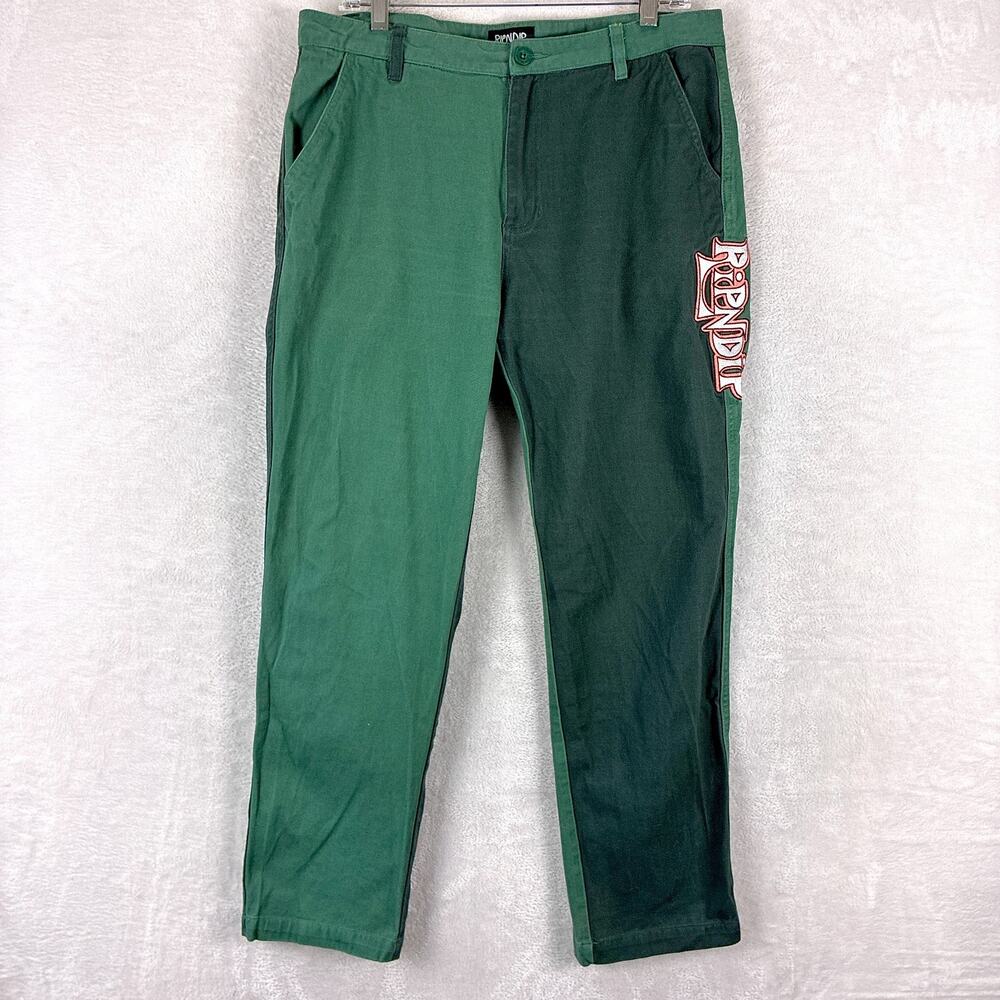 RipNDip Pants Mens 34 Green Two Tone Twill Embroidered Japan Samurai Cat Shroom